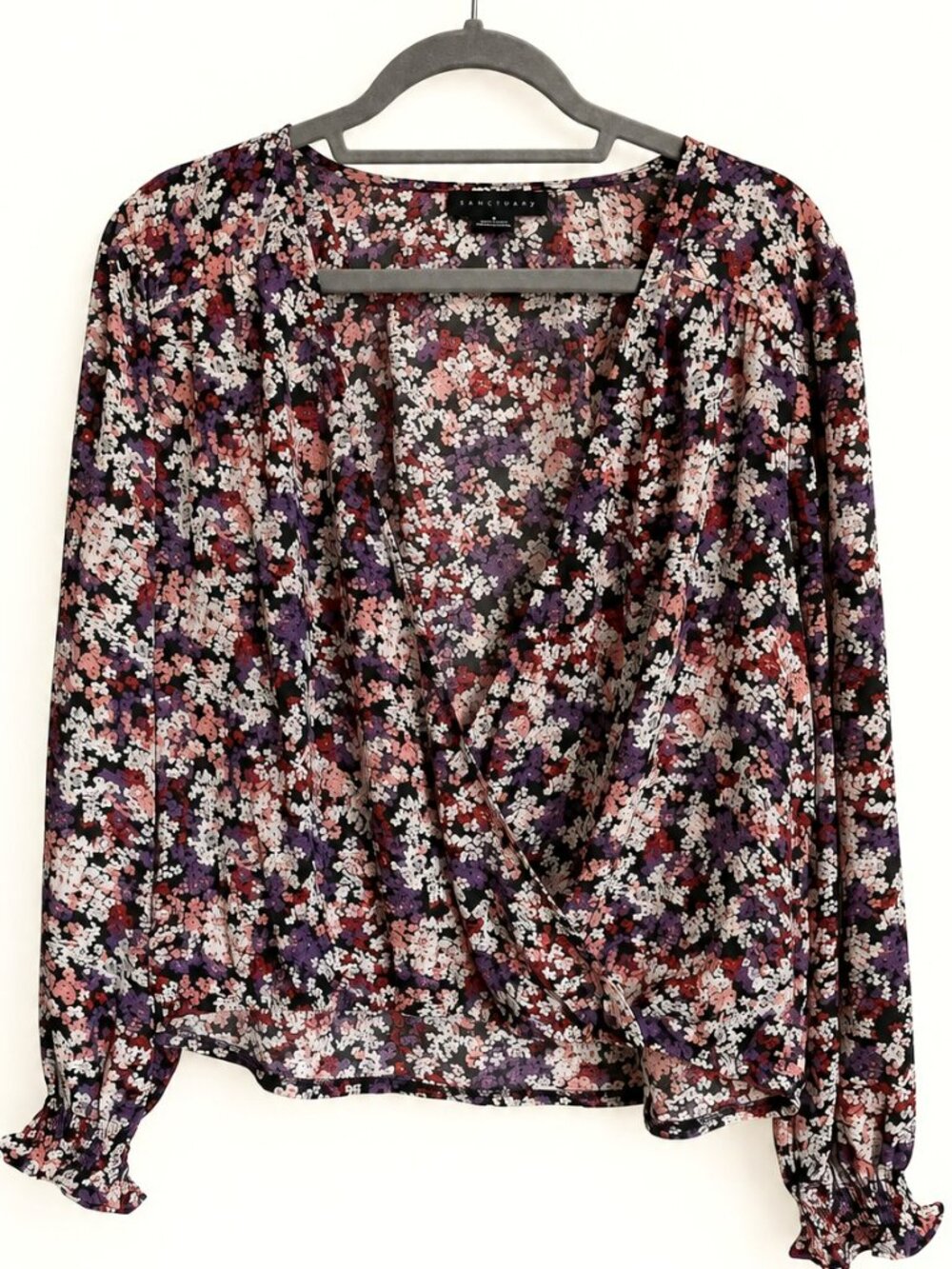 Sanctuary M Black Floral Surplice Wrap Long Sleeve Blouse